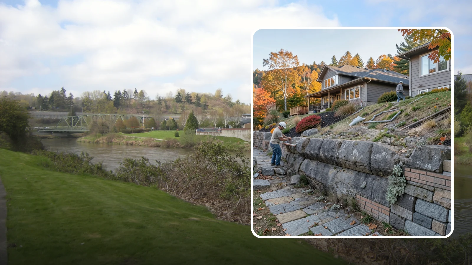 Masonry Retaining Wall in Tukwila, King County, WA - Engineered masonry retaining walls that hold back slopes and manage water on Puget Sound's hilly lots.