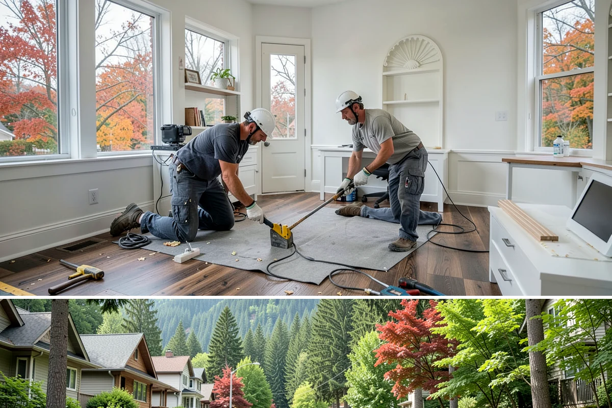Membrane Roof Installation in Darrington, Snohomish County, WA - Mild, dry summer weather is best for membrane adhesion and clean welded seams.
