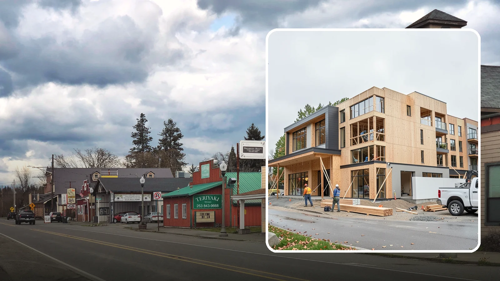 Mixed-Use Construction in Roy, Pierce County, WA - Ground-up buildings that combine ground-floor commercial with residential units above.