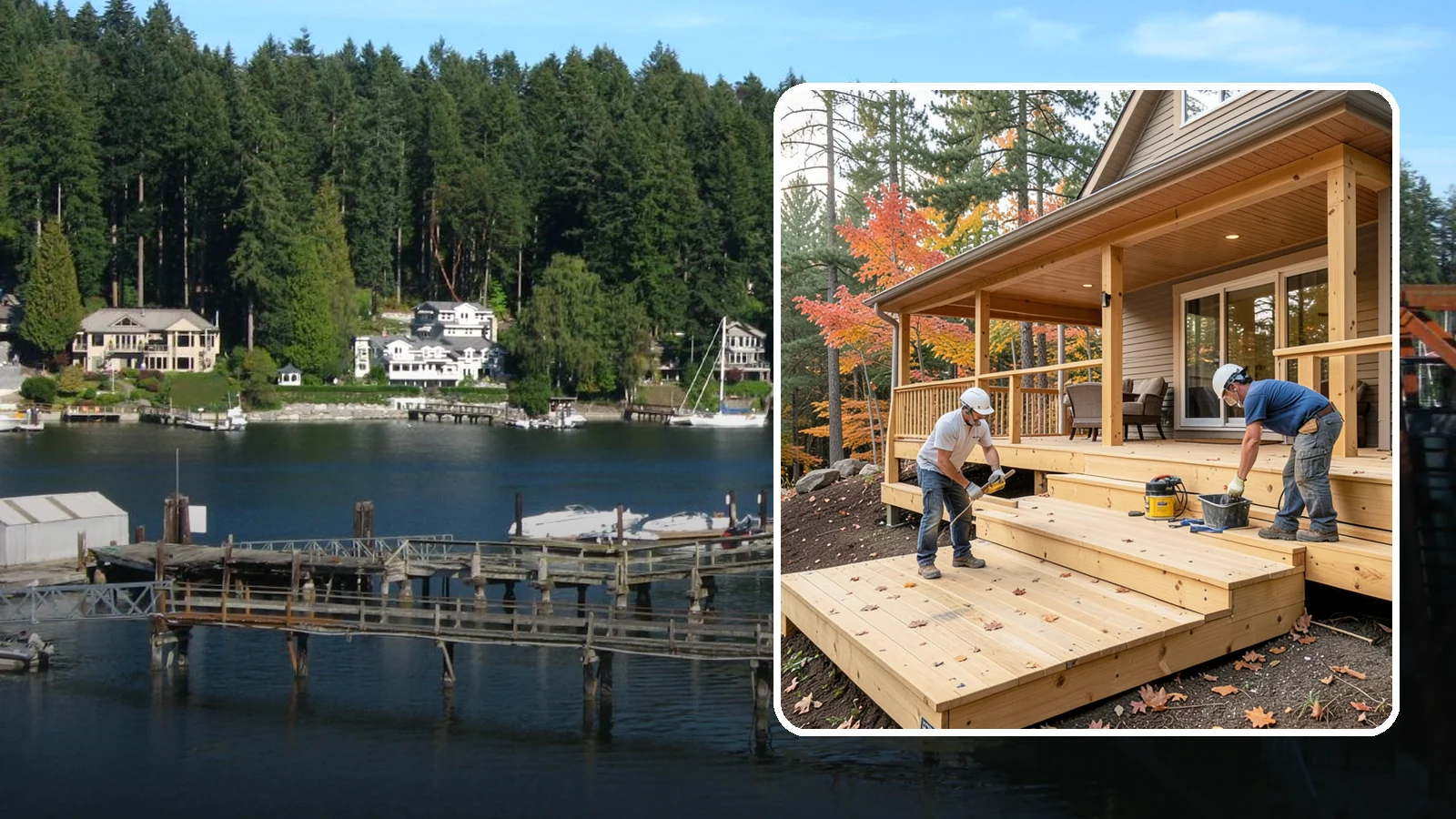 Multi-Level Deck Construction in Gig Harbor, Pierce County, WA - Multi-level deck construction that carves usable terraces out of sloped Western Washington lots.