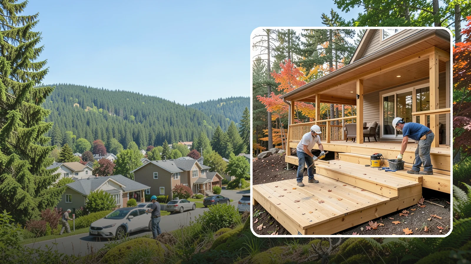 Multi-Level Deck Construction in Index, Snohomish County, WA - Multi-level deck construction that carves usable terraces out of sloped Western Washington lots.