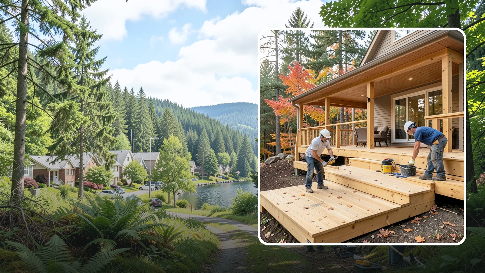Multi-Level Deck Construction in Lake Forest Park, King County, WA - Multi-level deck construction that carves usable terraces out of sloped Western Washington lots.