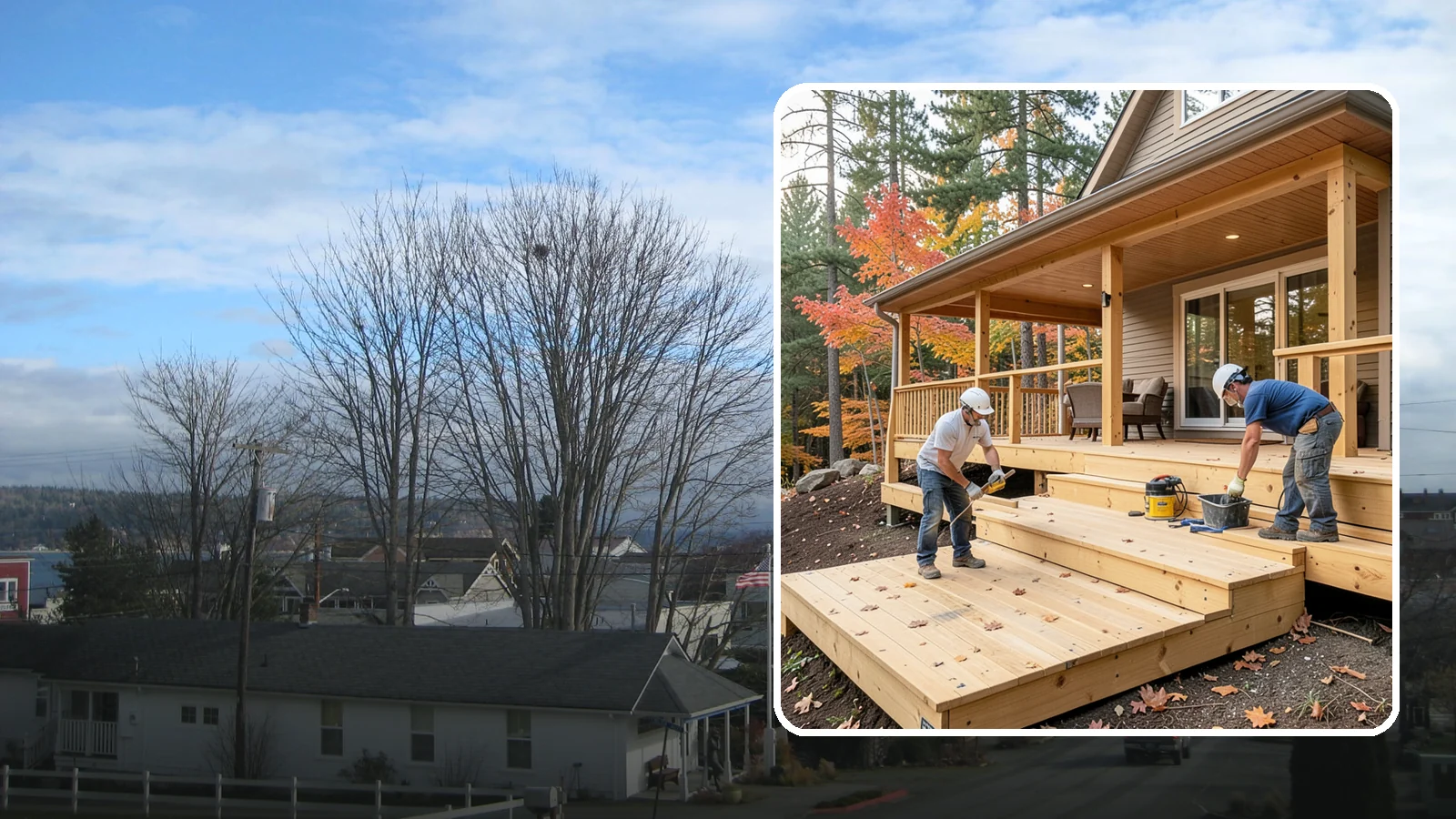 Multi-Level Deck Construction in Langley, Island County, WA - Multi-level deck construction that carves usable terraces out of sloped Western Washington lots.