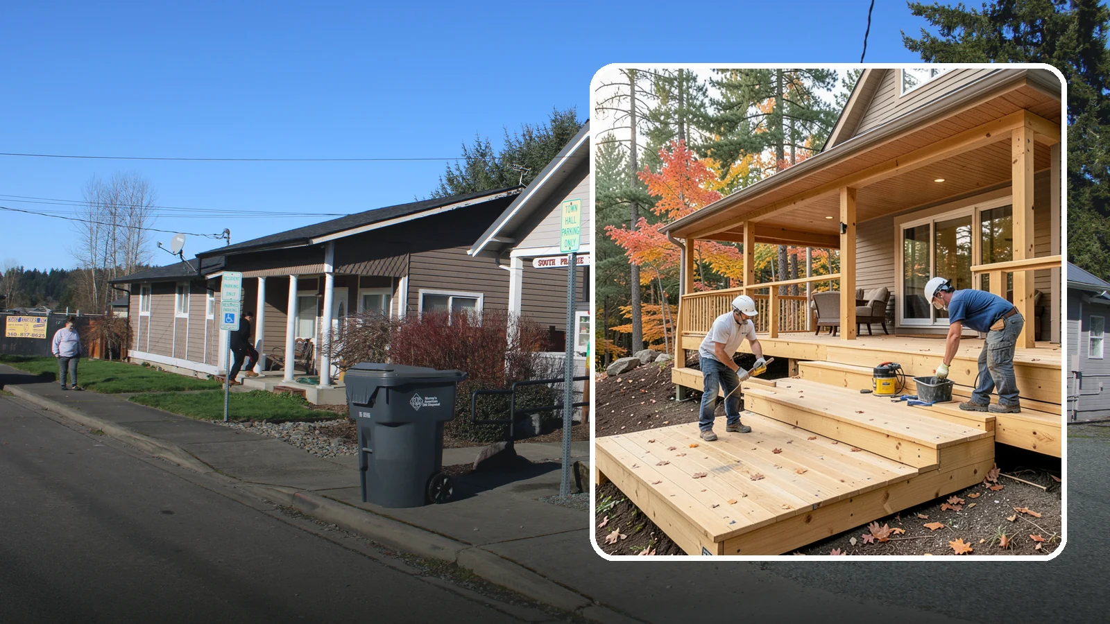 Multi-Level Deck Construction in South Prairie, Pierce County, WA - Multi-level deck construction that carves usable terraces out of sloped Western Washington lots.