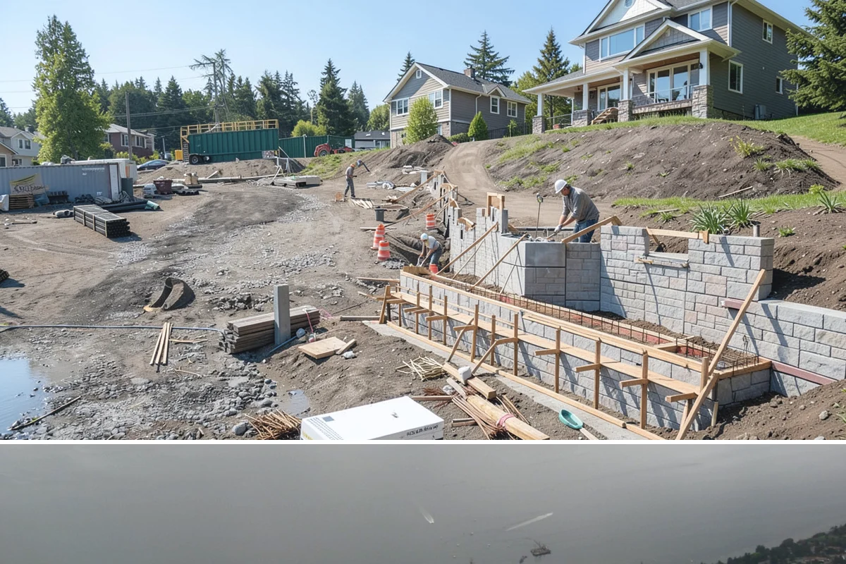 Natural Stone Retaining Wall in Des Moines, King County, WA - Stone setting is best done in dry conditions, so summer and early fall are the preferred windows for this detailed work.