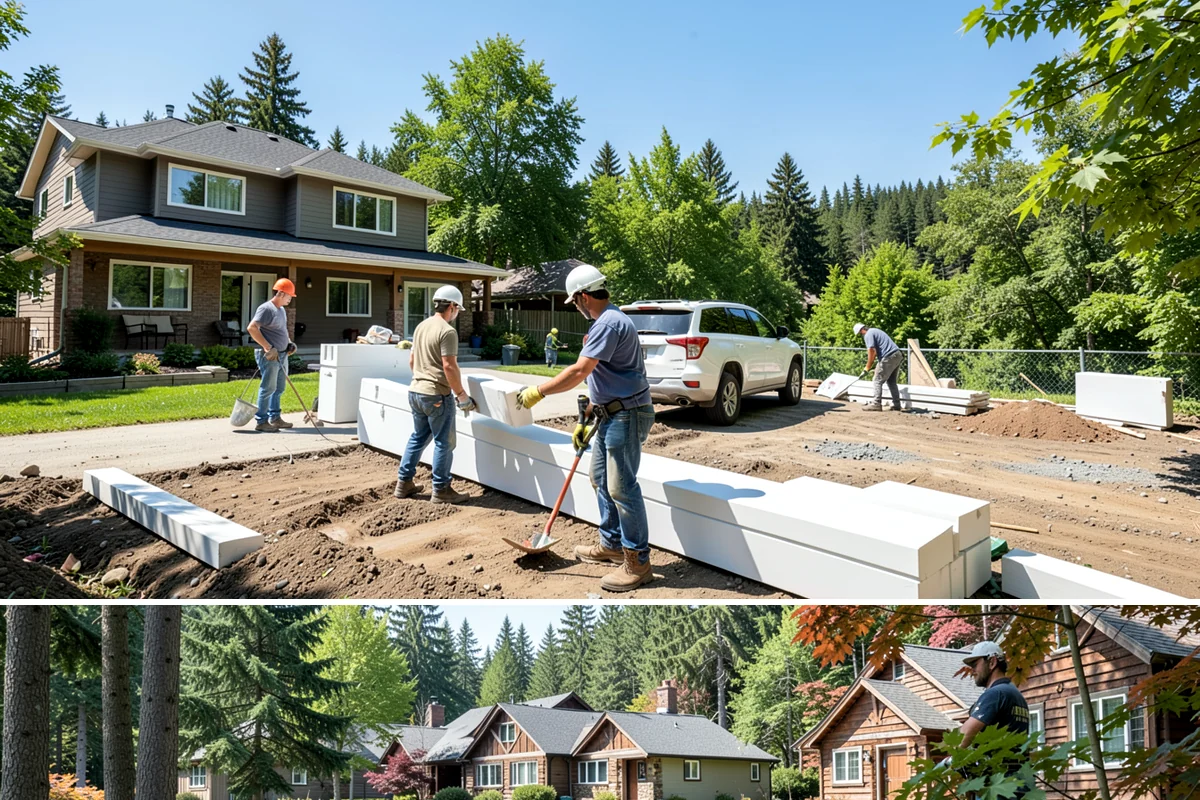 Natural Stone Retaining Wall in Edgewood, Pierce County, WA - Stone setting is best done in dry conditions, so summer and early fall are the preferred windows for this detailed work.