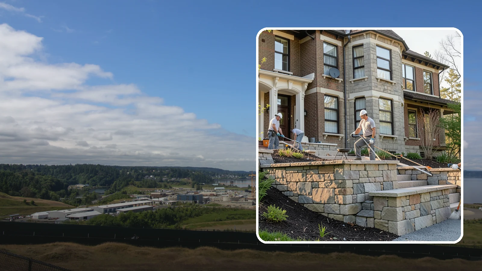 Natural Stone Retaining Wall in University Place, Pierce County, WA - Hand-setting natural stone into a retaining wall that combines timeless beauty with solid slope support.