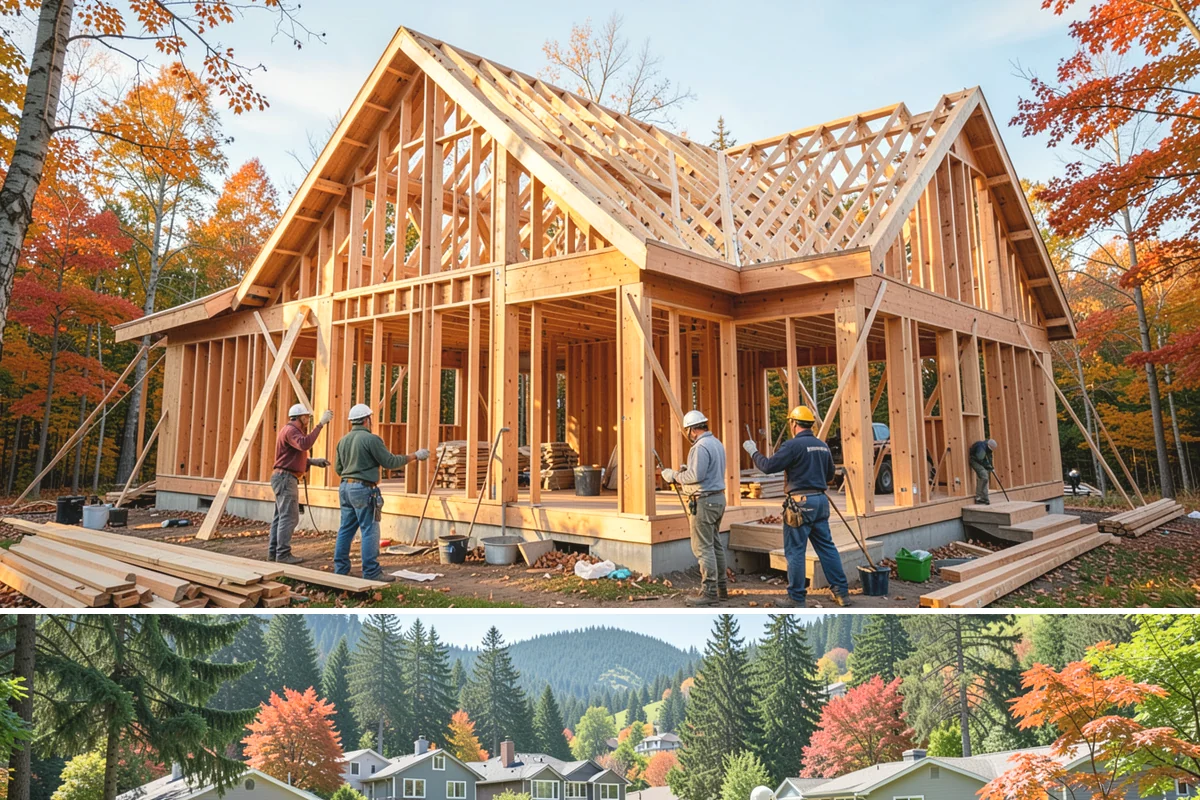 New Home Framing in Fircrest, Pierce County, WA - We push to frame and dry-in during summer dry spells so the structure isn't saturated by fall rain.