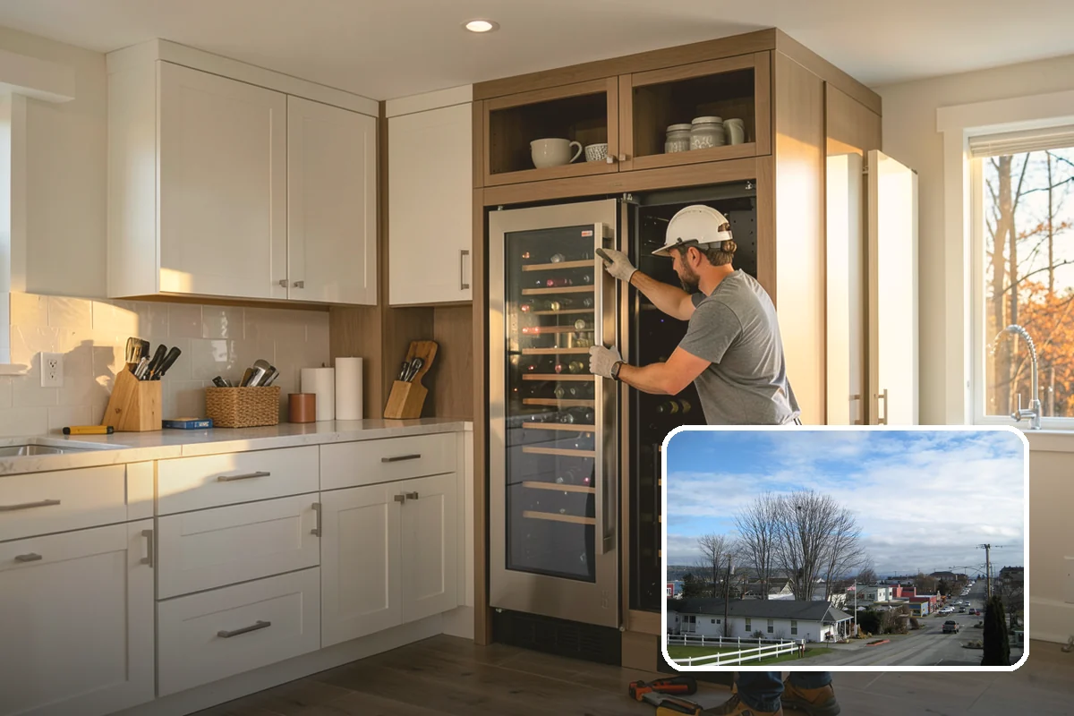 Open Shelving Installation in Langley, Island County, WA - An open, airy feel over solid cabinets