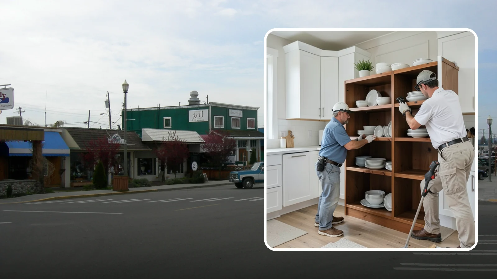 Open Shelving Installation in Stanwood, Snohomish County, WA - Installing sturdy open shelves to display dishware and create an airy, accessible alternative to upper cabinets.
