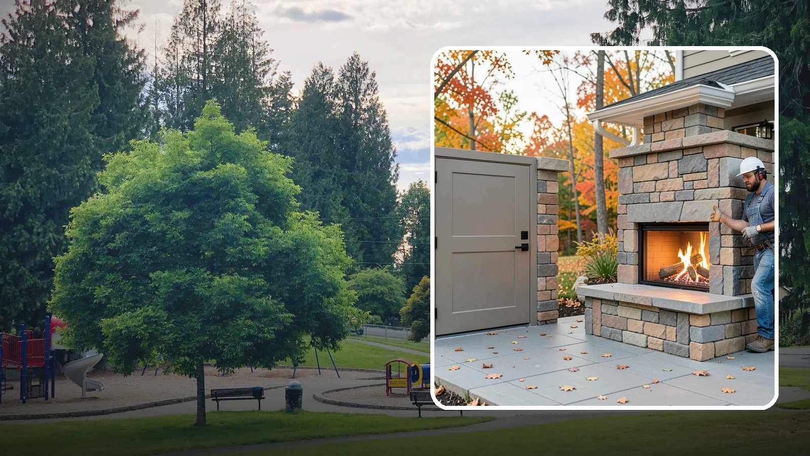 Outdoor Fireplace Construction in Bonney Lake, Pierce County, WA - A masonry or gas outdoor fireplace that adds warmth and a focal point to your patio through the cool PNW evenings.