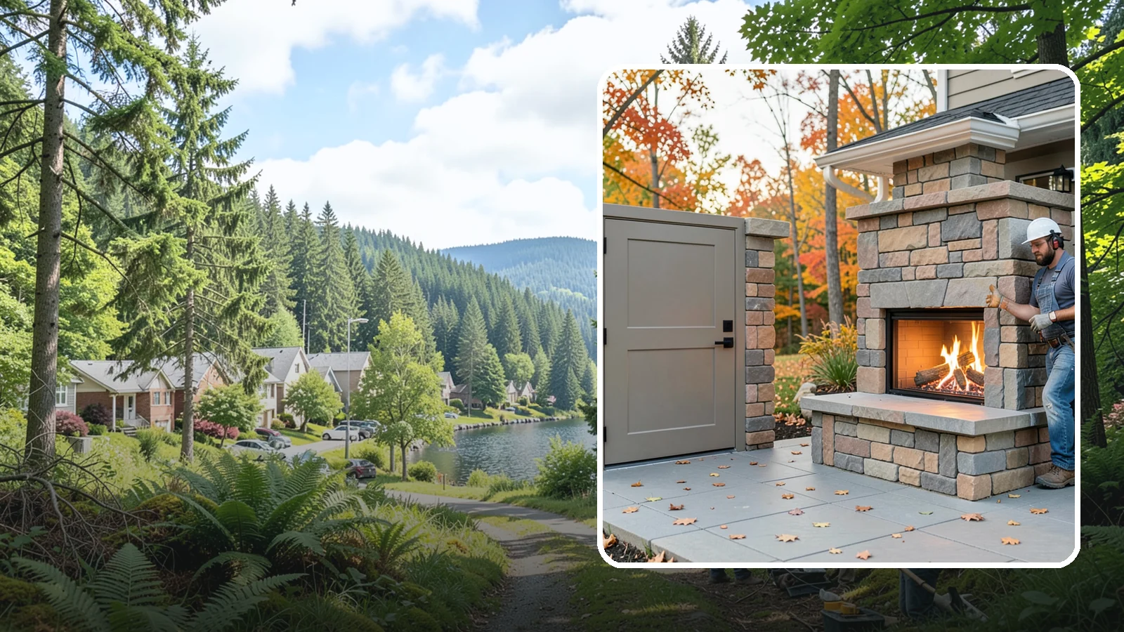 Outdoor Fireplace Construction in Lake Forest Park, King County, WA - A masonry or gas outdoor fireplace that adds warmth and a focal point to your patio through the cool PNW evenings.