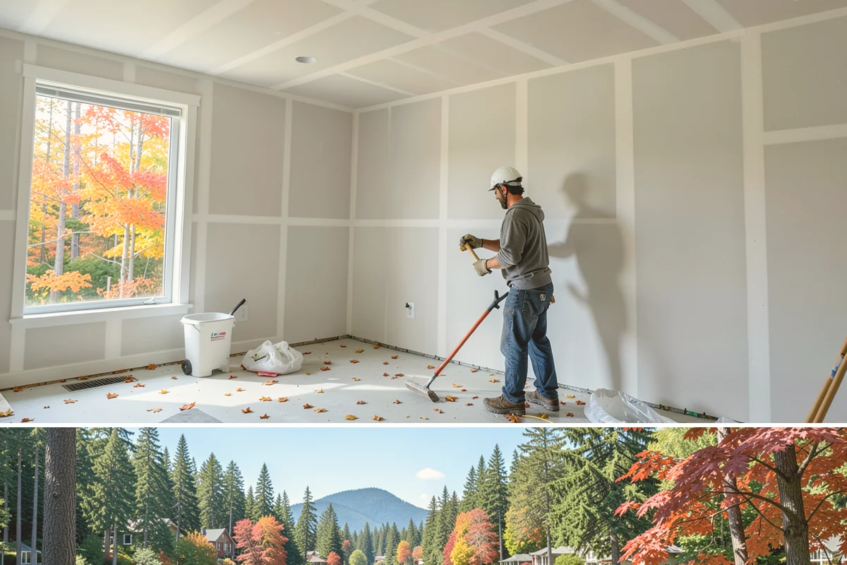 Pantry Construction in Covington, King County, WA - Interior pantry construction proceeds well in any season, making rainy PNW months a productive time to build.