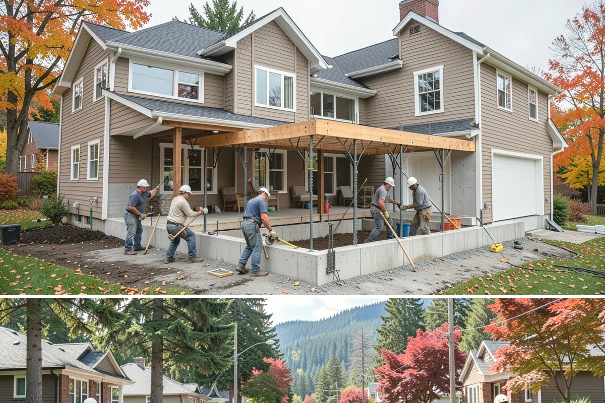Pantry Construction in Hunts Point, King County, WA - Interior pantry construction proceeds well in any season, making rainy PNW months a productive time to build.