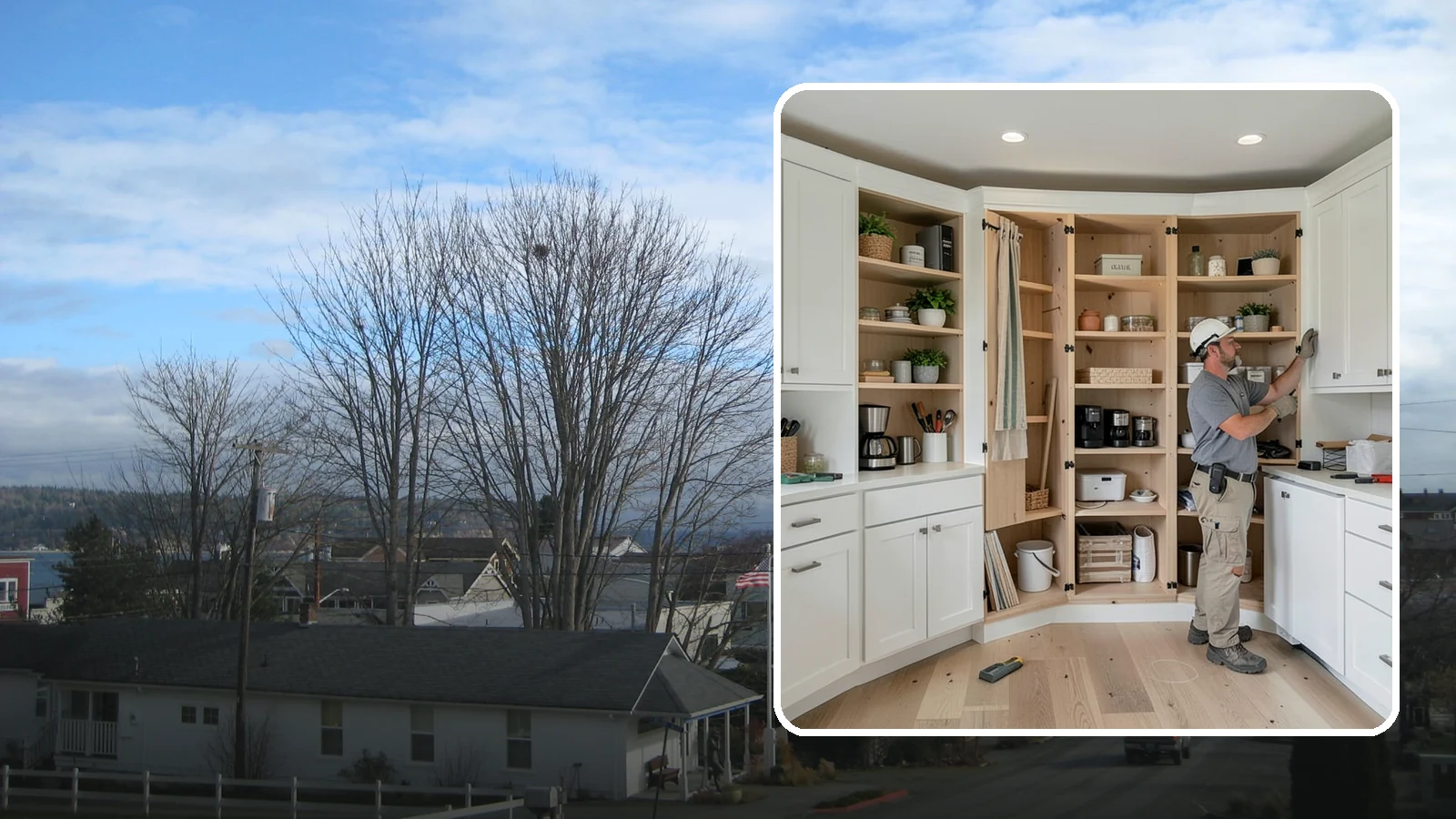 Pantry Construction in Langley, Island County, WA - Building a dedicated pantry, from a reach-in closet to a walk-in, to expand your kitchen's food and small-appliance storage.