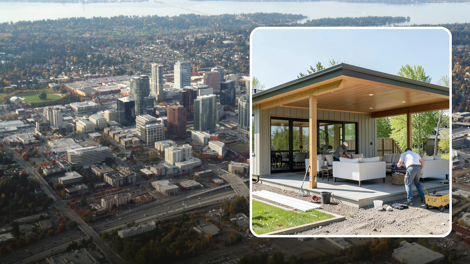 Pavilion Construction in Bellevue, King County, WA - A large open-air pavilion that shelters patios, kitchens, or entertaining areas beneath a permanent, engineered roof.