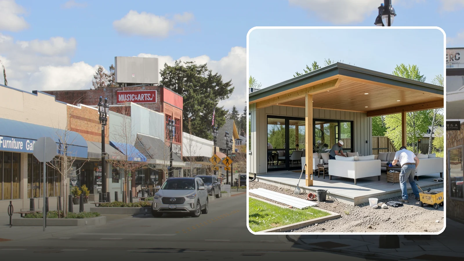Pavilion Construction in Bothell, King County, WA - A large open-air pavilion that shelters patios, kitchens, or entertaining areas beneath a permanent, engineered roof.