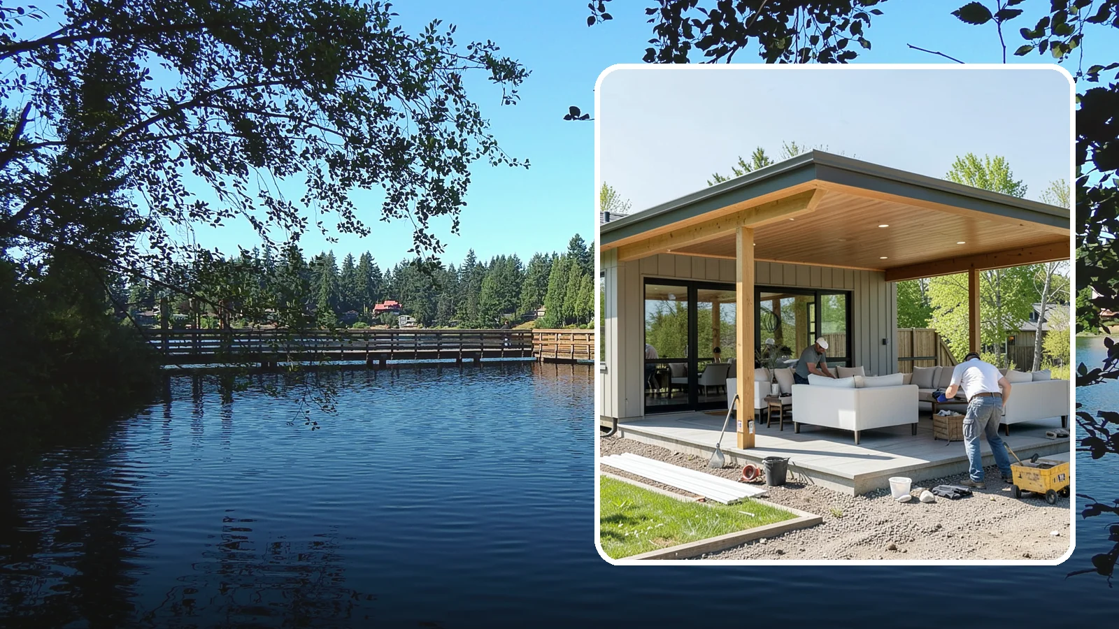 Pavilion Construction in Federal Way, King County, WA - A large open-air pavilion that shelters patios, kitchens, or entertaining areas beneath a permanent, engineered roof.