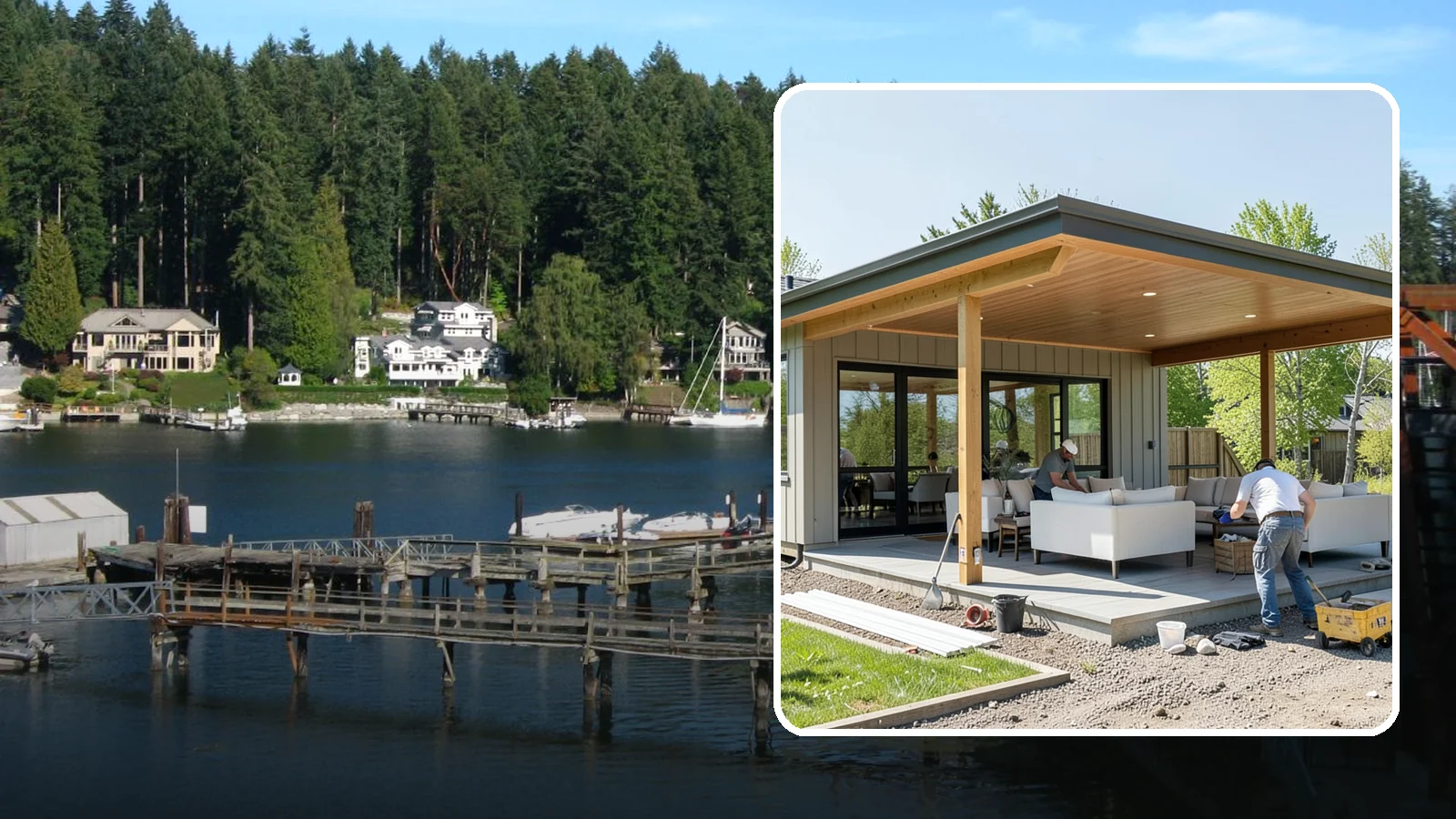 Pavilion Construction in Gig Harbor, Pierce County, WA - A large open-air pavilion that shelters patios, kitchens, or entertaining areas beneath a permanent, engineered roof.