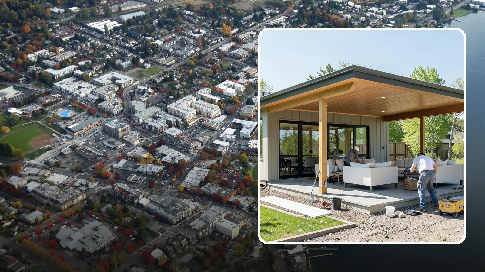 Pavilion Construction in Kirkland, King County, WA - A large open-air pavilion that shelters patios, kitchens, or entertaining areas beneath a permanent, engineered roof.