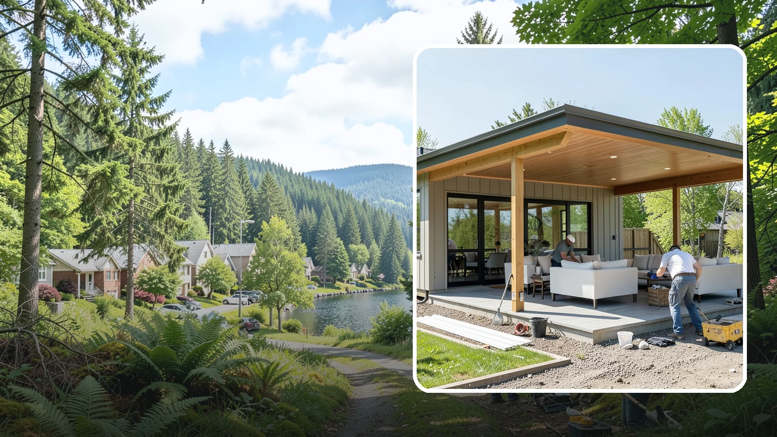 Pavilion Construction in Lake Forest Park, King County, WA - A large open-air pavilion that shelters patios, kitchens, or entertaining areas beneath a permanent, engineered roof.