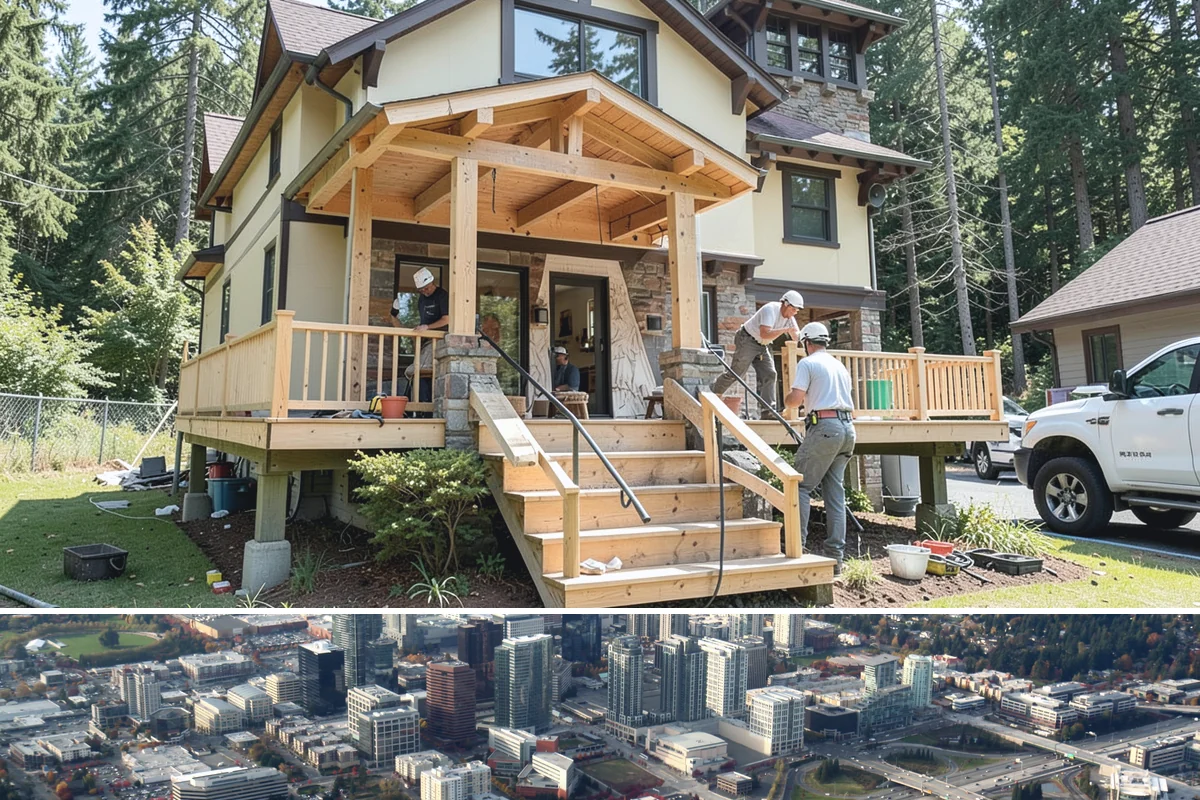 Pergola Construction in Bellevue, King County, WA - Late spring through early fall offers the driest window for footing cures and finish application in Western Washington.