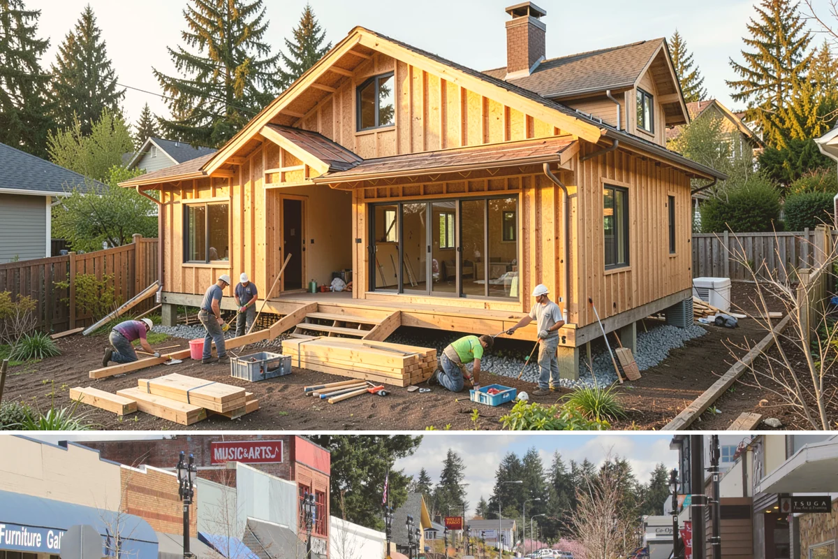 Pergola Construction in Bothell, King County, WA - Late spring through early fall offers the driest window for footing cures and finish application in Western Washington.