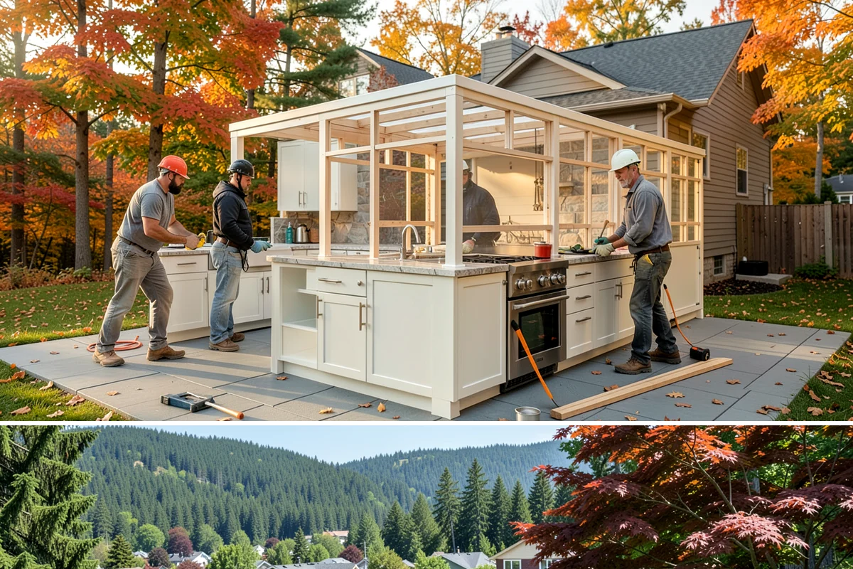 Pergola Construction in Index, Snohomish County, WA - Late spring through early fall offers the driest window for footing cures and finish application in Western Washington.