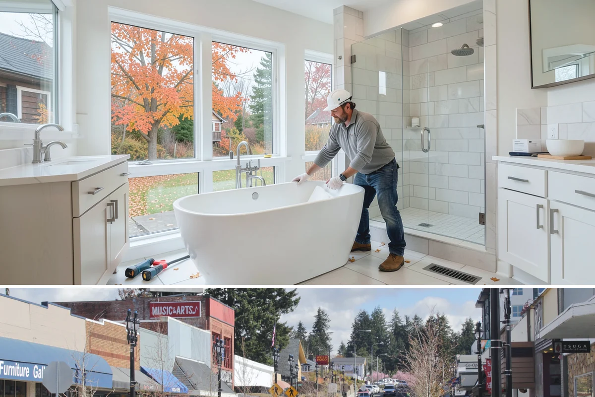 Picture Window Installation in Bothell, King County, WA - Large fixed units are easiest to set and seal during calm, dry weather, though we protect the opening in any conditions.
