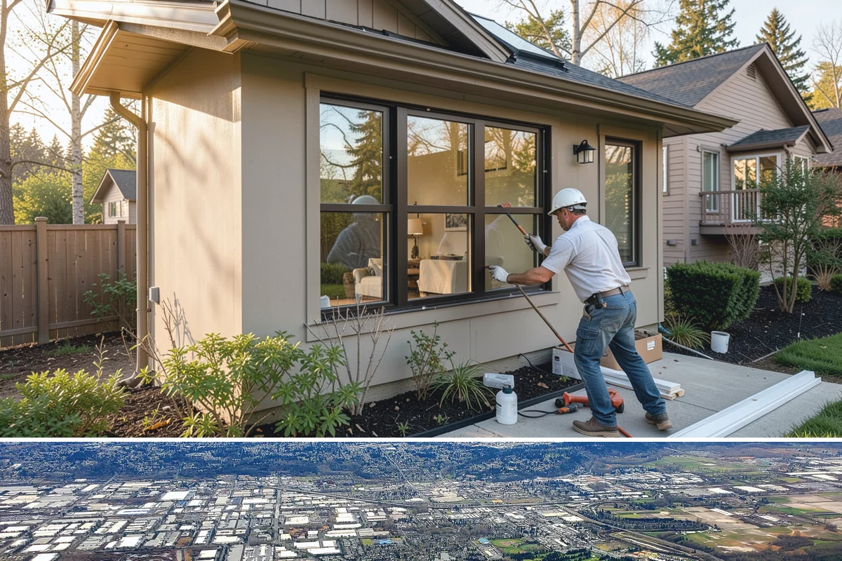 Picture Window Installation in Kent, King County, WA - Large fixed units are easiest to set and seal during calm, dry weather, though we protect the opening in any conditions.