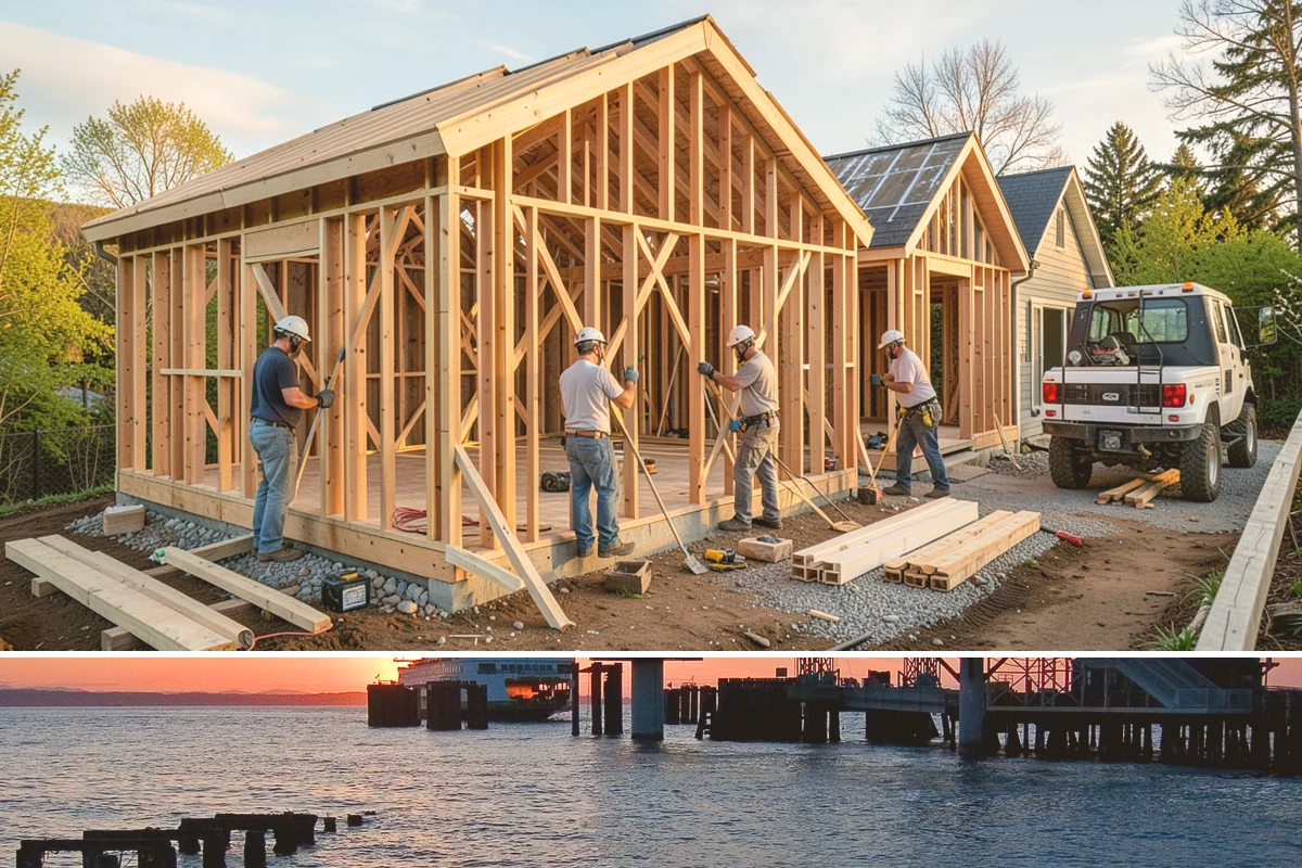 Pole Building Construction in Edmonds, Snohomish County, WA - Post setting and shell work go up best in dry conditions, so summer keeps a pole-building project moving fast.