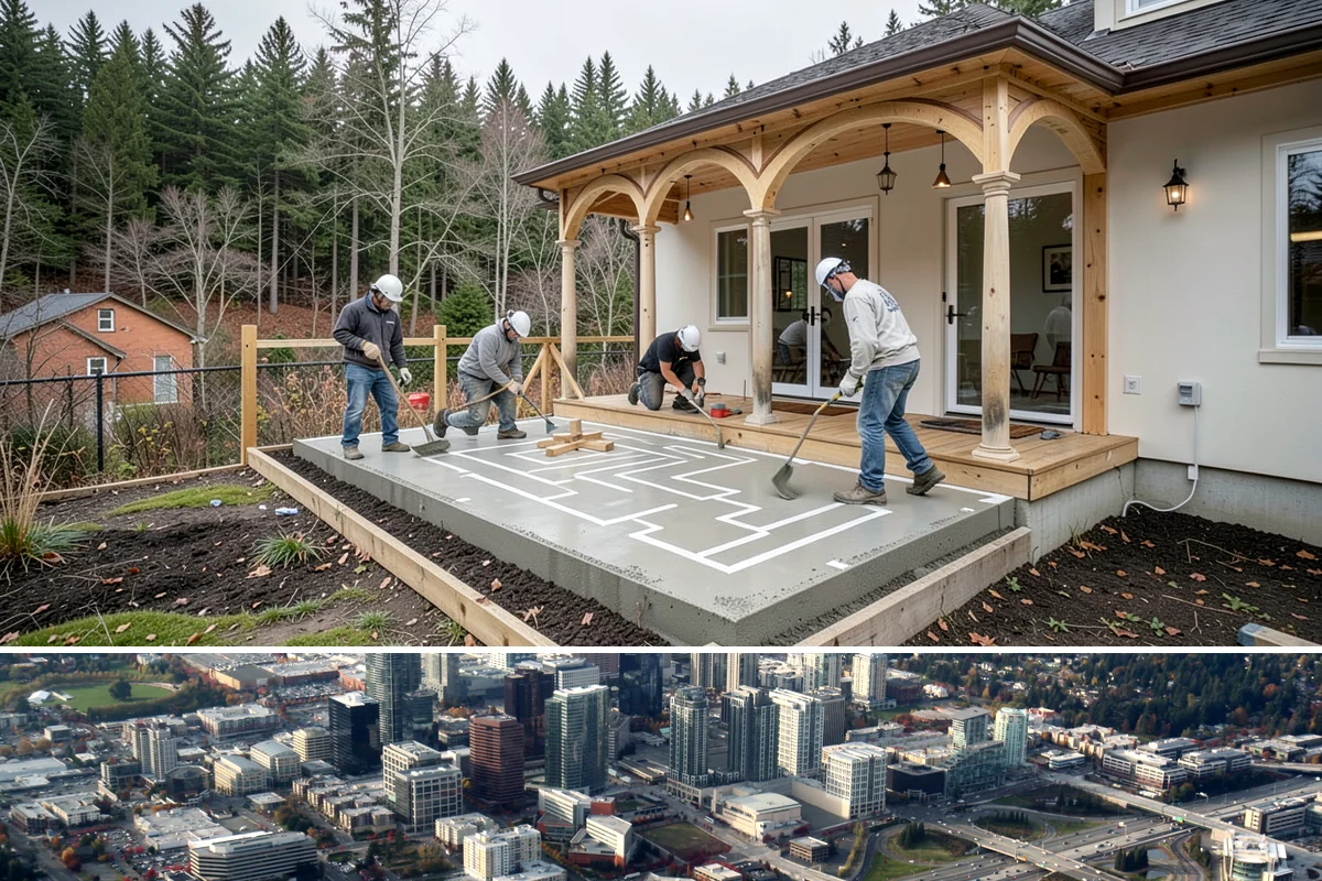 Portico Construction in Bellevue, King County, WA - Setting footings and framing the roof are best done in dry weather so connections seal properly.