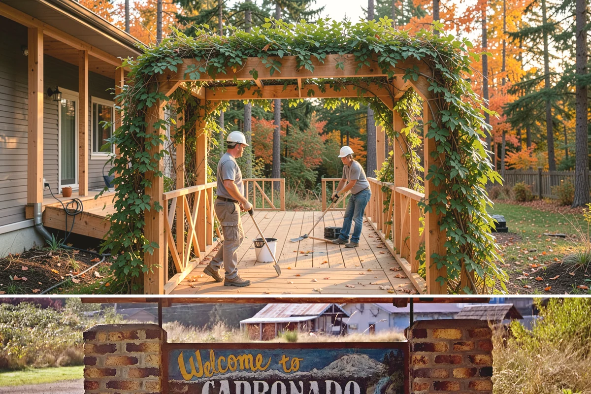 Portico Construction in Carbonado, Pierce County, WA - Setting footings and framing the roof are best done in dry weather so connections seal properly.