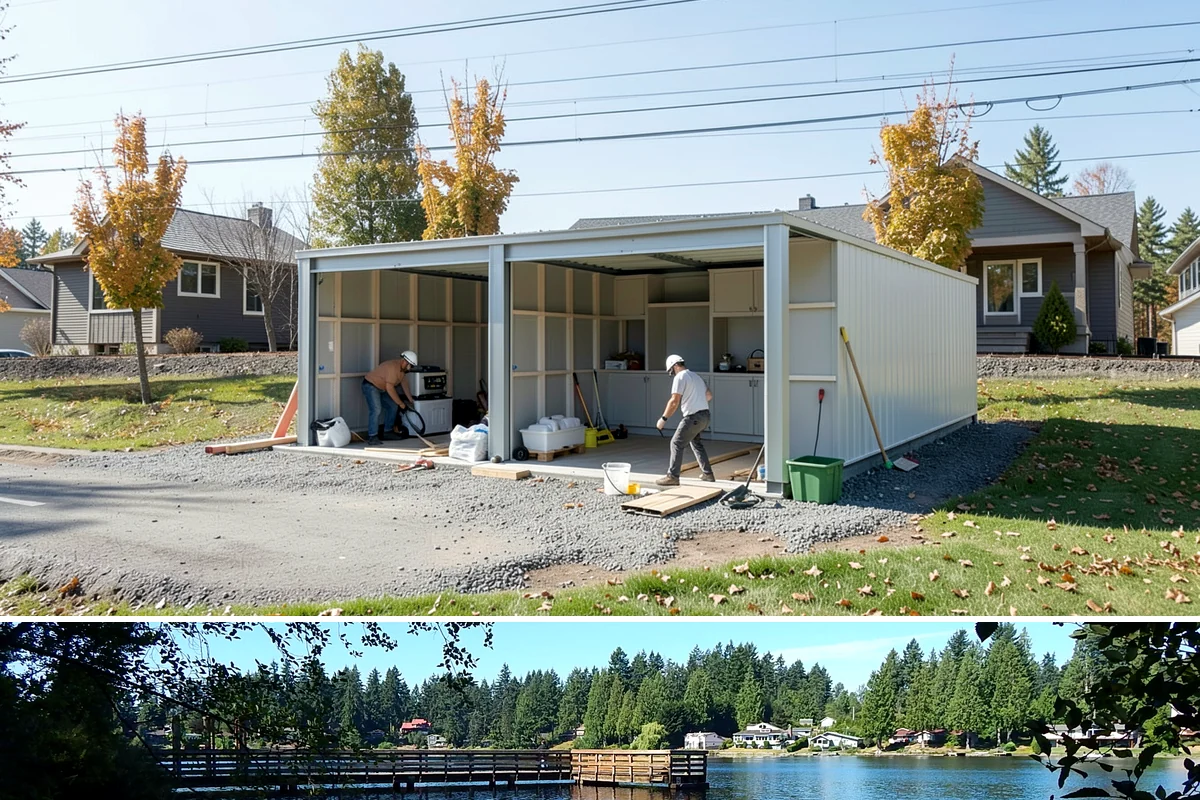 Portico Construction in Federal Way, King County, WA - Setting footings and framing the roof are best done in dry weather so connections seal properly.
