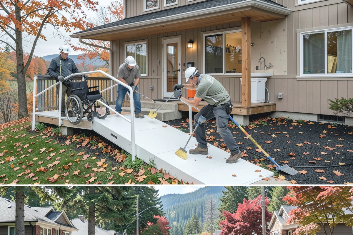 Portico Construction in Hunts Point, King County, WA - Setting footings and framing the roof are best done in dry weather so connections seal properly.