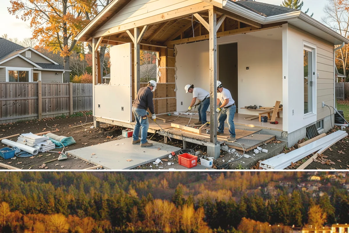Portico Construction in Kenmore, King County, WA - Setting footings and framing the roof are best done in dry weather so connections seal properly.