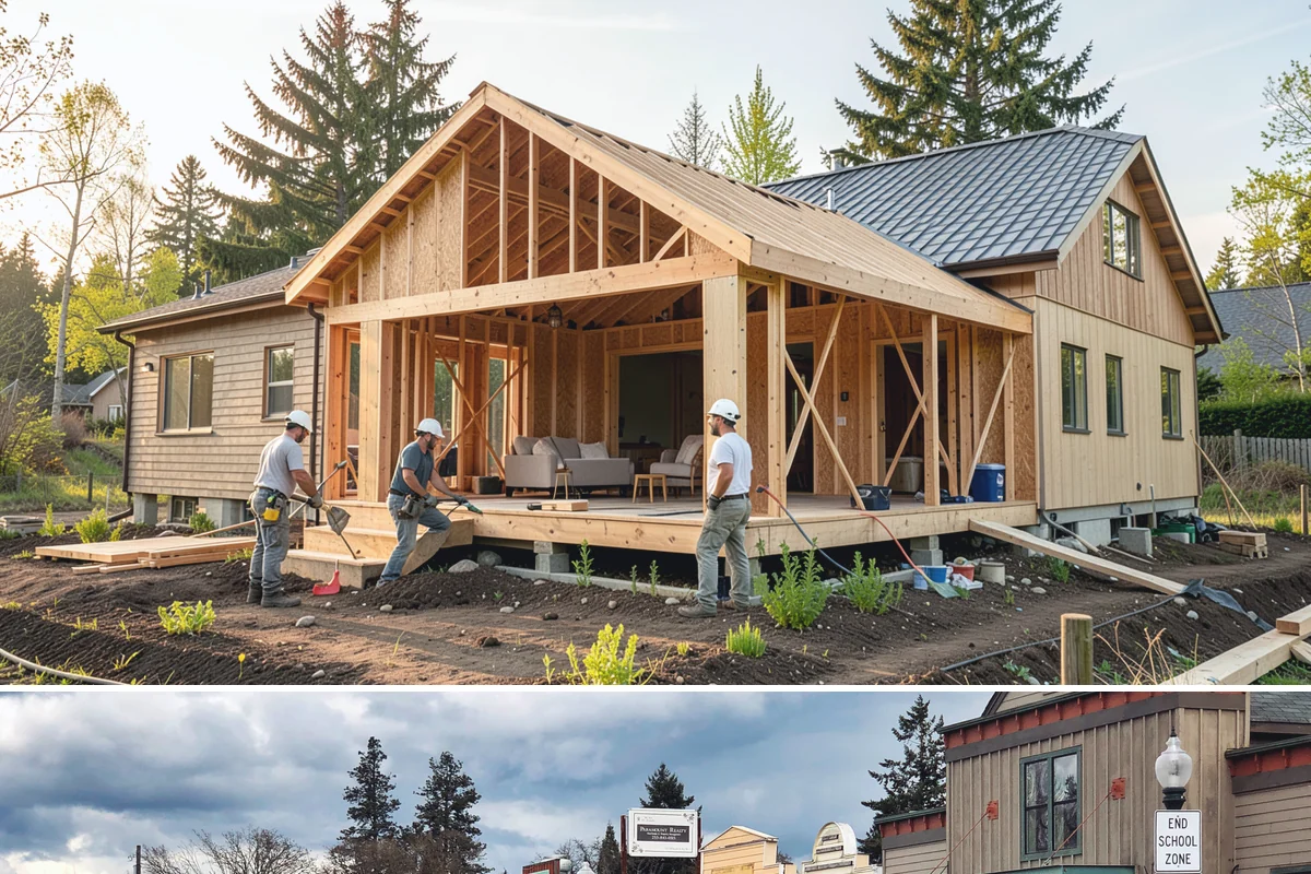 Portico Construction in Roy, Pierce County, WA - Setting footings and framing the roof are best done in dry weather so connections seal properly.