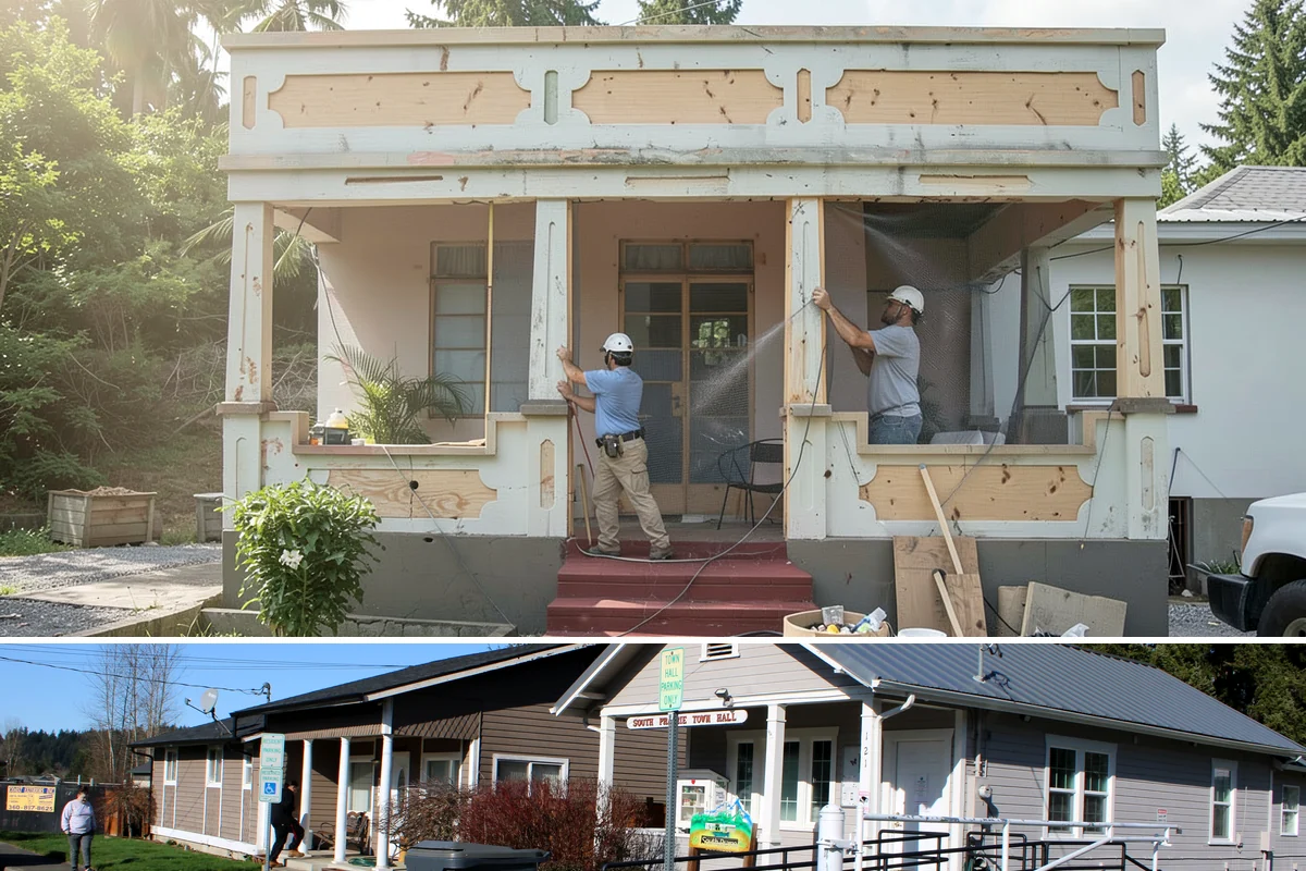 Portico Construction in South Prairie, Pierce County, WA - Setting footings and framing the roof are best done in dry weather so connections seal properly.