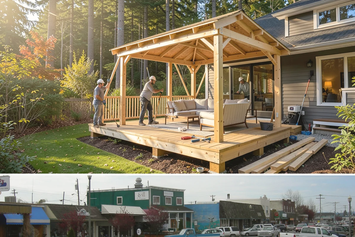 Portico Construction in Stanwood, Snohomish County, WA - Setting footings and framing the roof are best done in dry weather so connections seal properly.