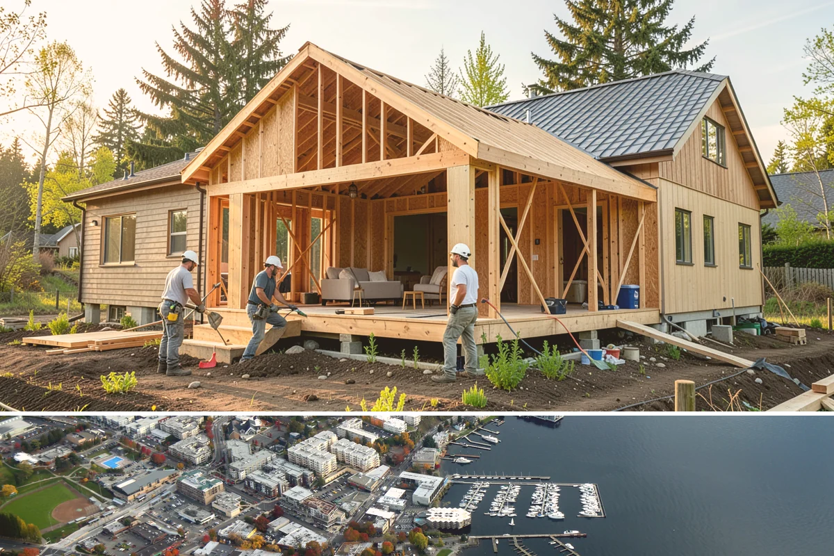 Post and Beam Framing in Kirkland, King County, WA - Milled timbers are best set during drier stretches to control moisture and finishing, though we can stage delivery to protect...
