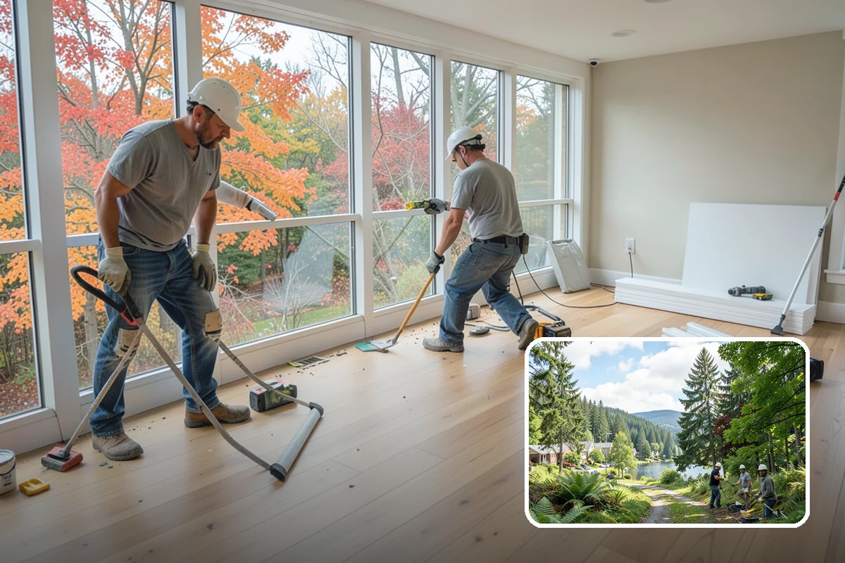 Post and Beam Framing in Lake Forest Park, King County, WA - Open, column-free spaces created by heavy timber spans