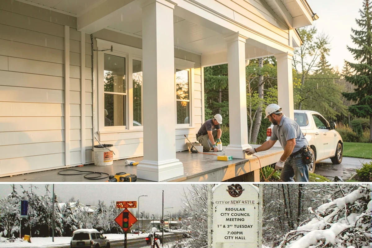 Post and Beam Framing in Newcastle, King County, WA - Milled timbers are best set during drier stretches to control moisture and finishing, though we can stage delivery to protect...