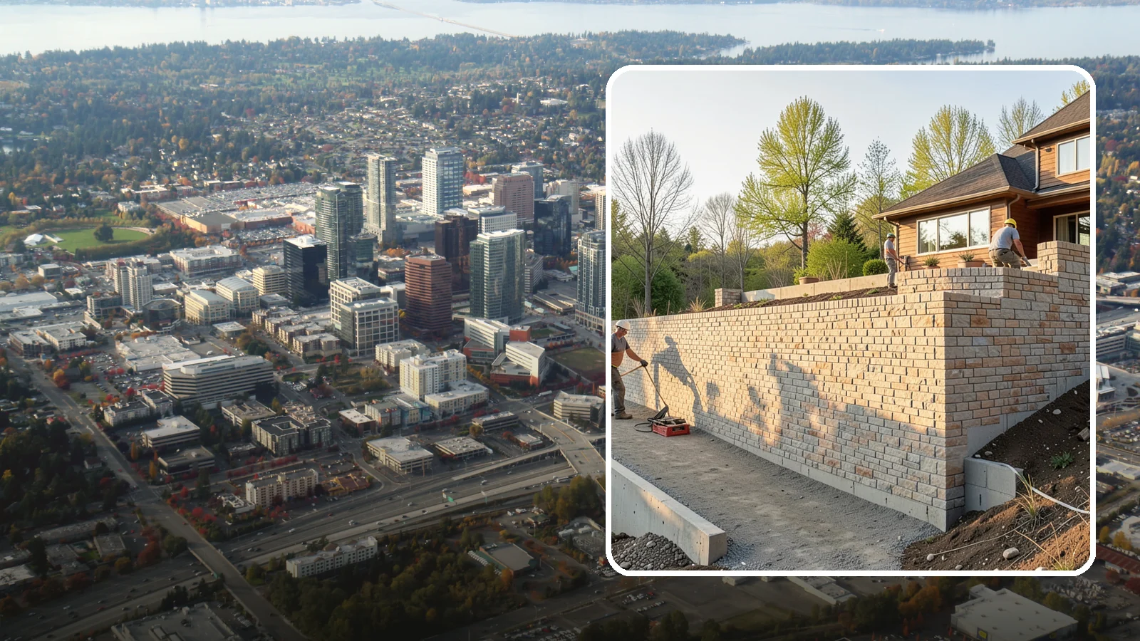 Poured Concrete Retaining Wall in Bellevue, King County, WA - Forming and pouring a solid reinforced concrete wall for maximum strength on tall or heavily loaded slopes.