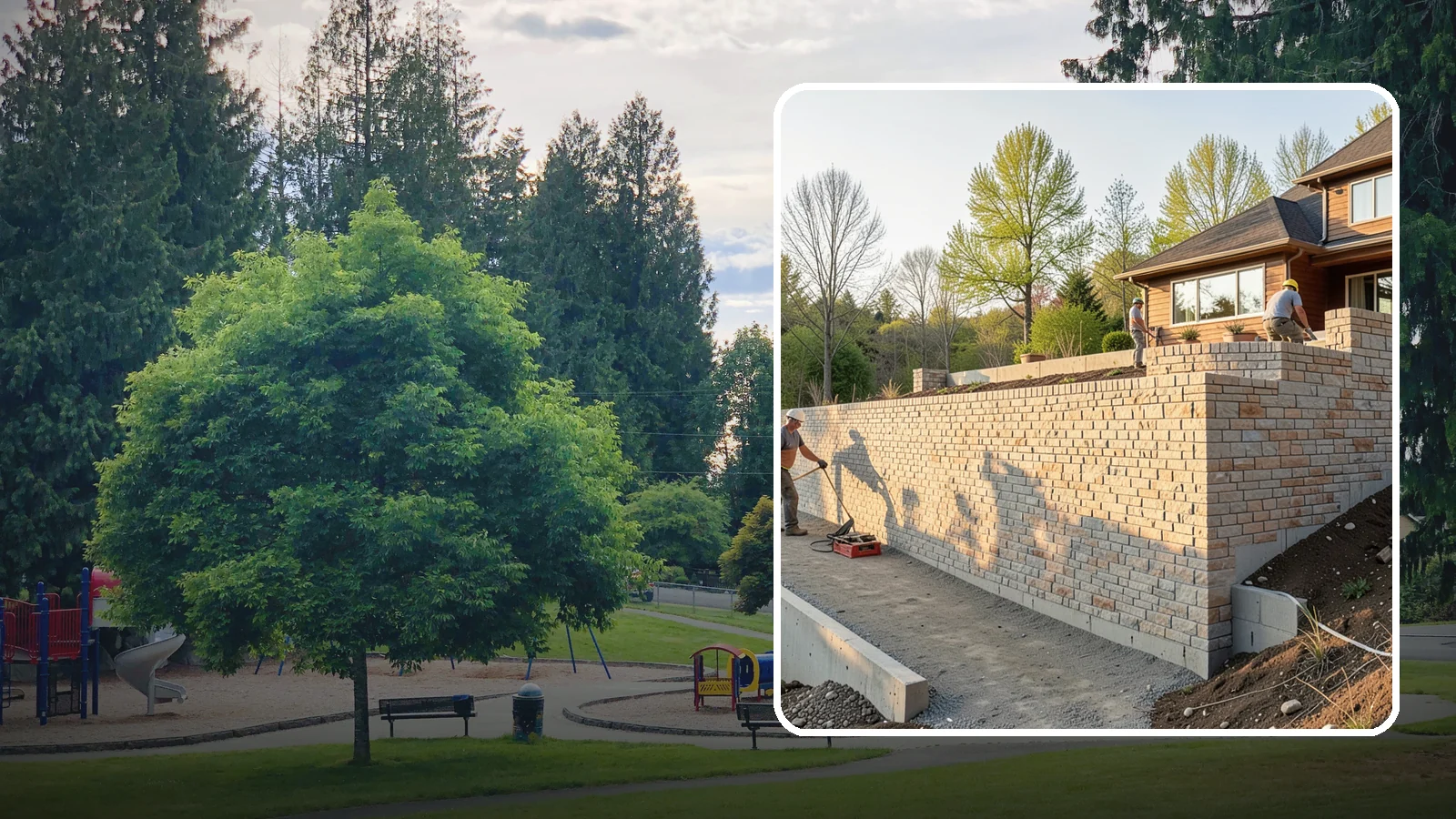 Poured Concrete Retaining Wall in Bonney Lake, Pierce County, WA - Forming and pouring a solid reinforced concrete wall for maximum strength on tall or heavily loaded slopes.