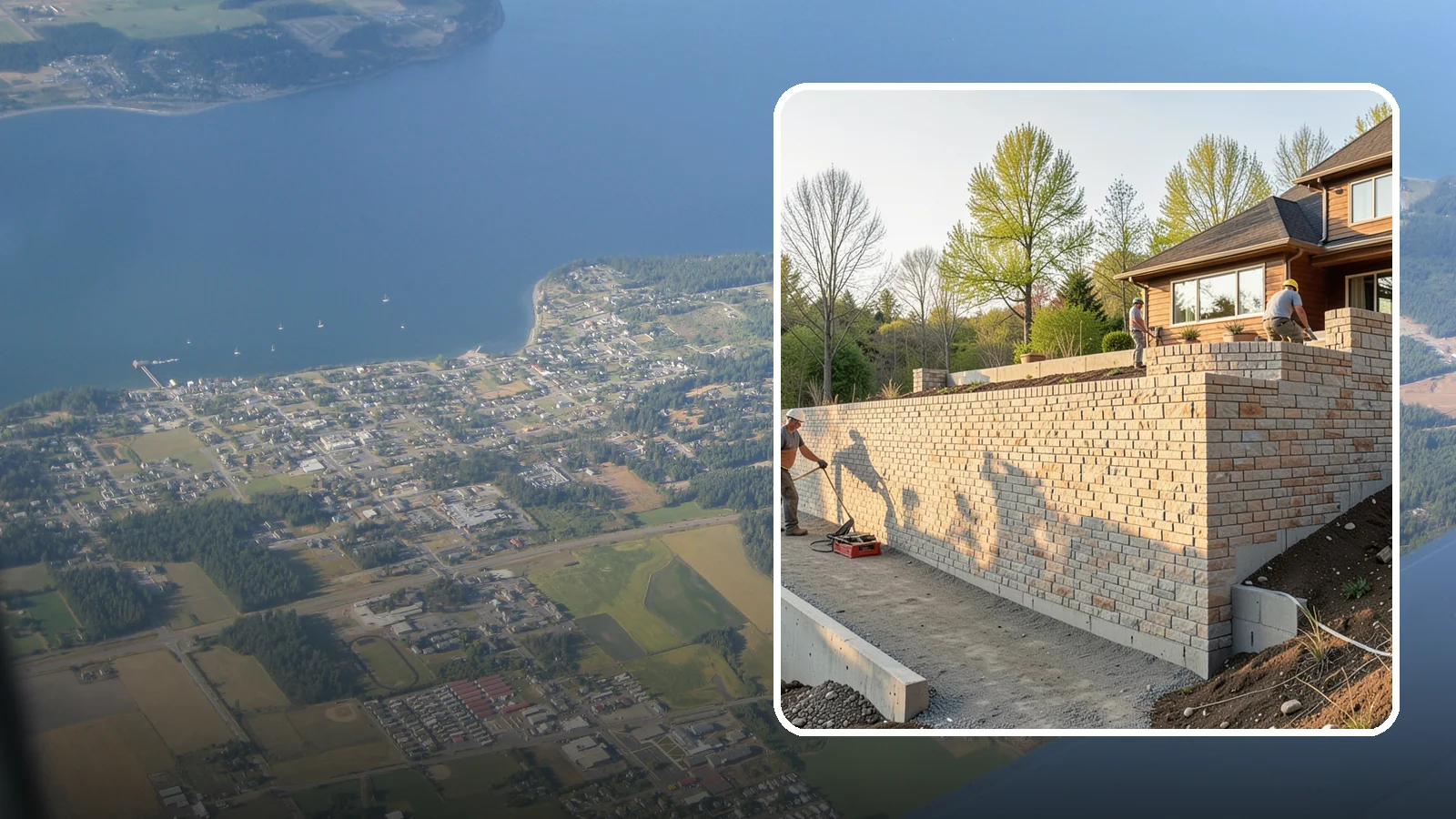 Poured Concrete Retaining Wall in Coupeville, Island County, WA - Forming and pouring a solid reinforced concrete wall for maximum strength on tall or heavily loaded slopes.