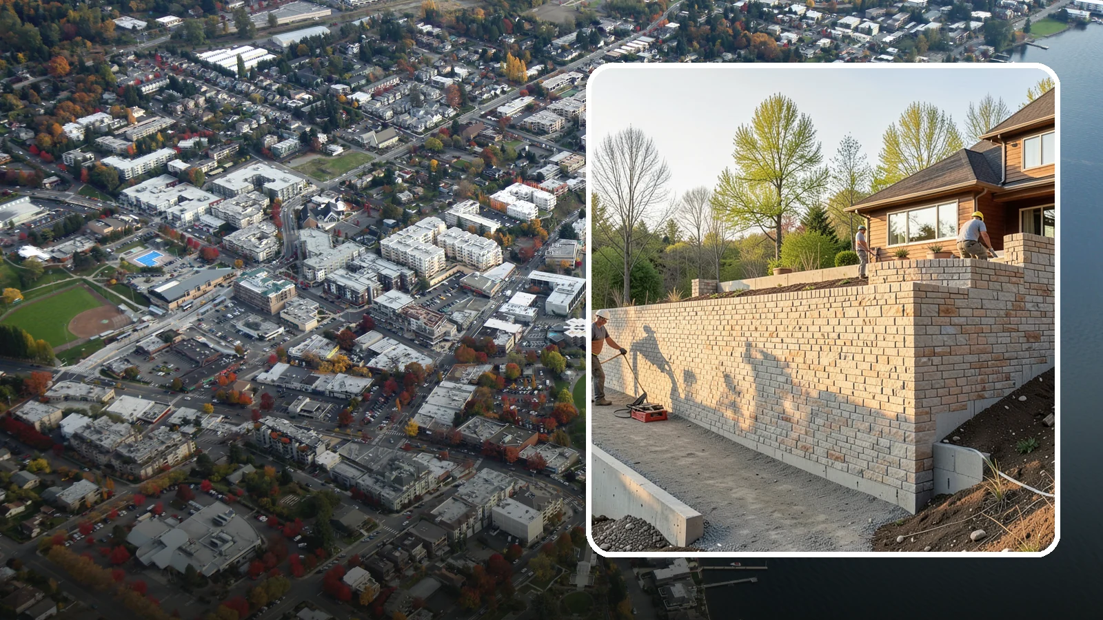 Poured Concrete Retaining Wall in Kirkland, King County, WA - Forming and pouring a solid reinforced concrete wall for maximum strength on tall or heavily loaded slopes.