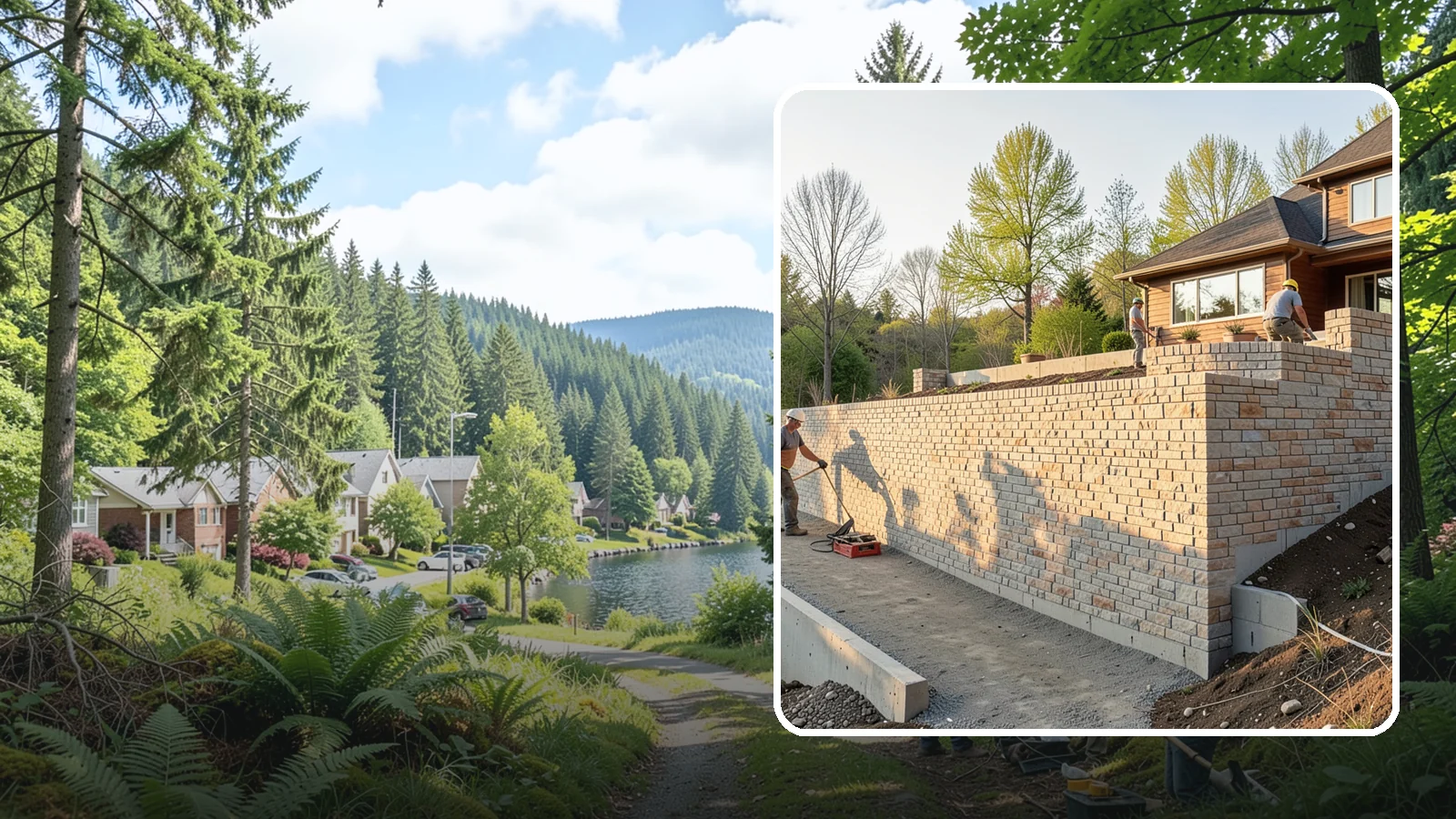 Poured Concrete Retaining Wall in Lake Forest Park, King County, WA - Forming and pouring a solid reinforced concrete wall for maximum strength on tall or heavily loaded slopes.
