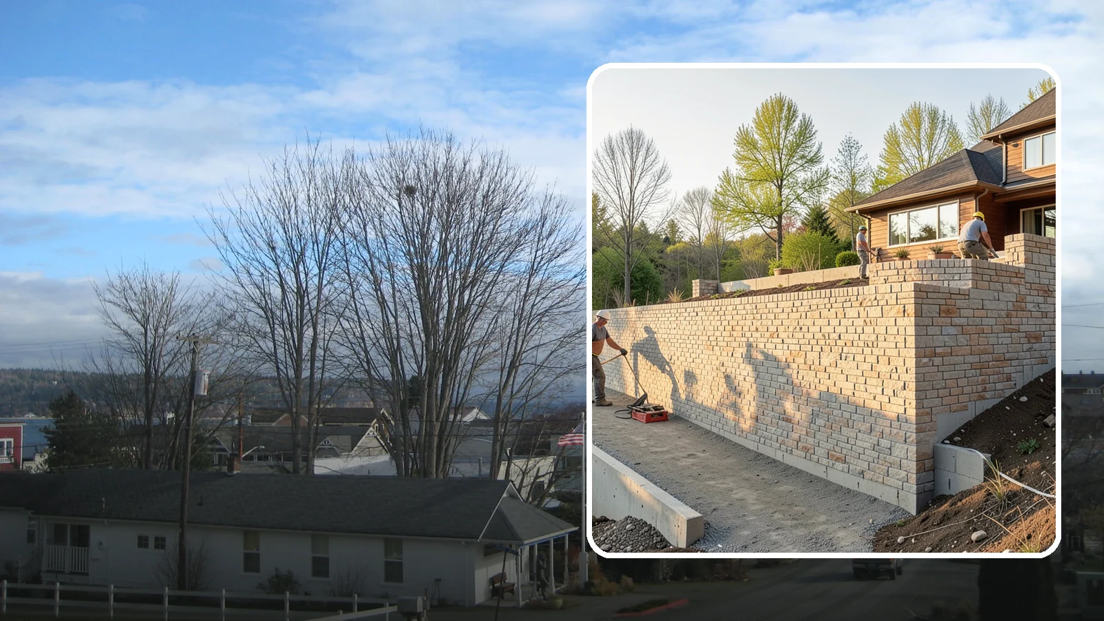 Poured Concrete Retaining Wall in Langley, Island County, WA - Forming and pouring a solid reinforced concrete wall for maximum strength on tall or heavily loaded slopes.