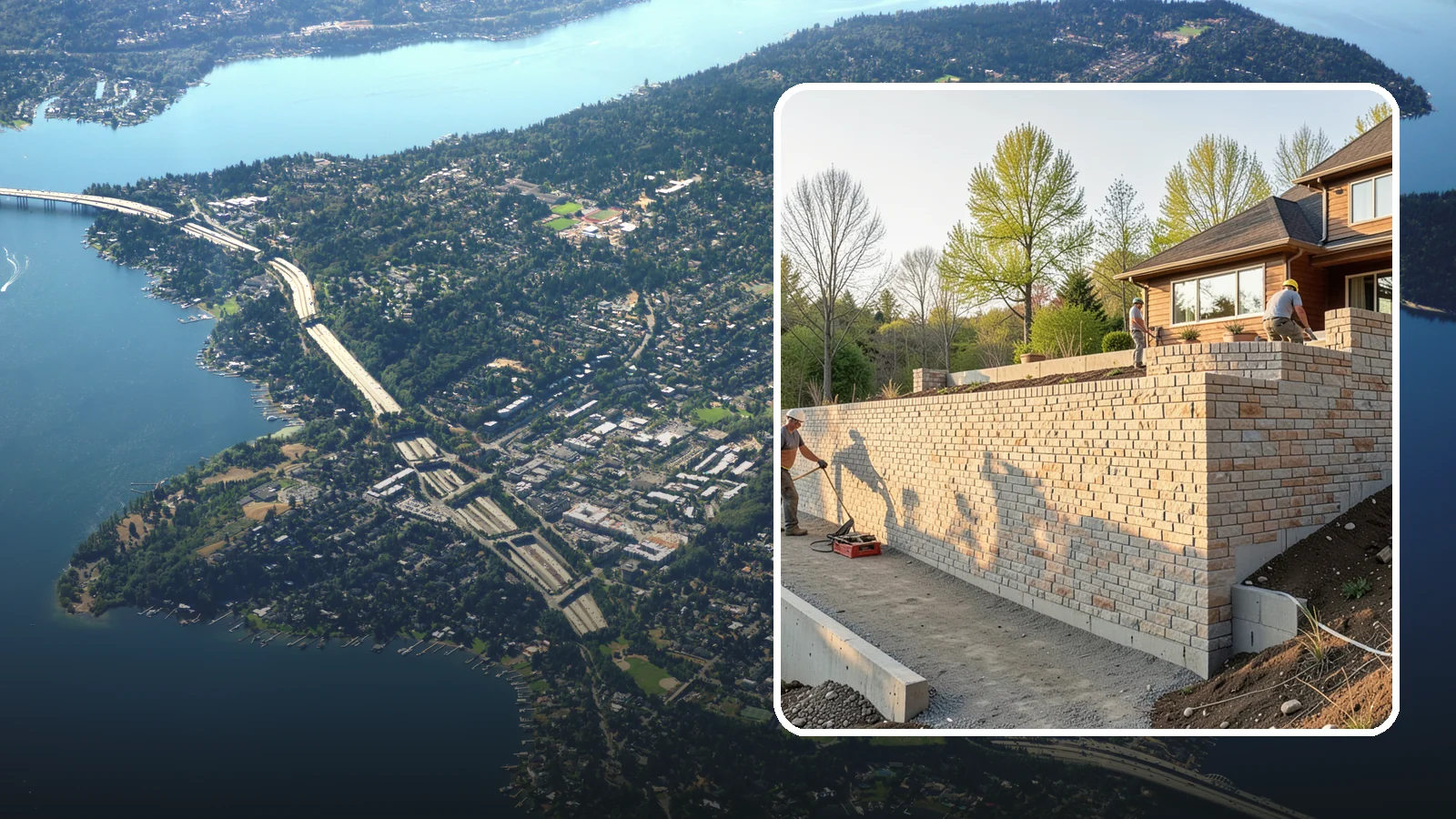 Poured Concrete Retaining Wall in Mercer Island, King County, WA - Forming and pouring a solid reinforced concrete wall for maximum strength on tall or heavily loaded slopes.