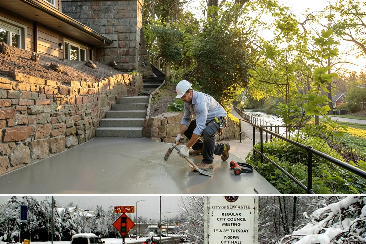 Poured Concrete Retaining Wall in Newcastle, King County, WA - Pouring is scheduled around dry, moderate weather so the concrete cures properly, making late spring through early fall ideal.